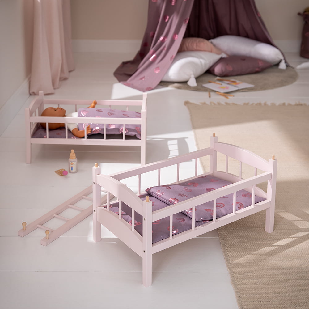howa Puppenbett Etagenbett aus Holz "Rainbow" rosa inkl. 2x Bettzeug, malve, Glanzeffekt 24402