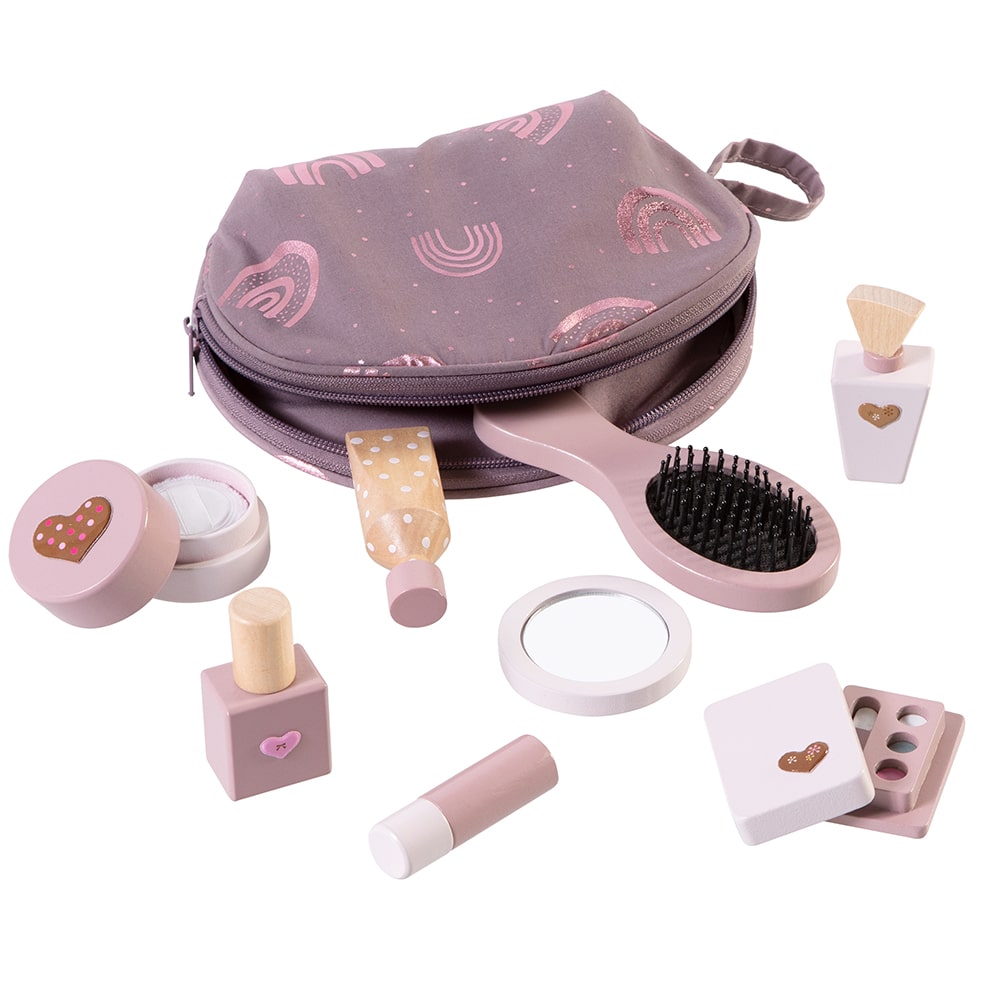 howa toy make-up set cosmetic bag for children with 8-piece wooden  accessories and heart stickers 48812